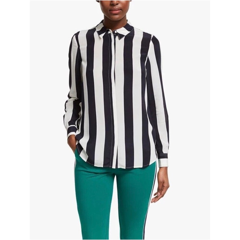 Boden Silk Striped Button Down Blouse Black White Long Sleeve US 18